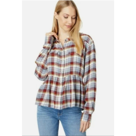 Lucky Brand Flannel Shirt Ruffle L Burgundy & Grey Plaid Peplum Ruffle Button B8 - Picture 1 of 9